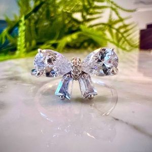 Unique Diamond Bow Ring Size 9. 14K White Gold 925 Ring Pear Cut & Baguettes